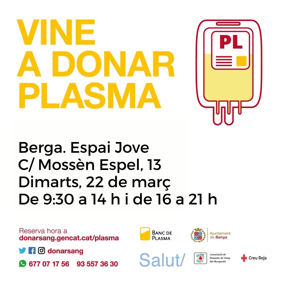 Berga promou la donació de plasma el 22 de març a l'Espai Jove