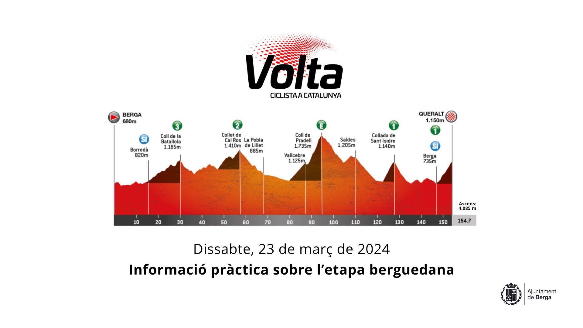 Berga acollirà l'inici i el final de la sisena etapa de la Volta a Catalunya que comportarà afectacions el dissabte 23 de març