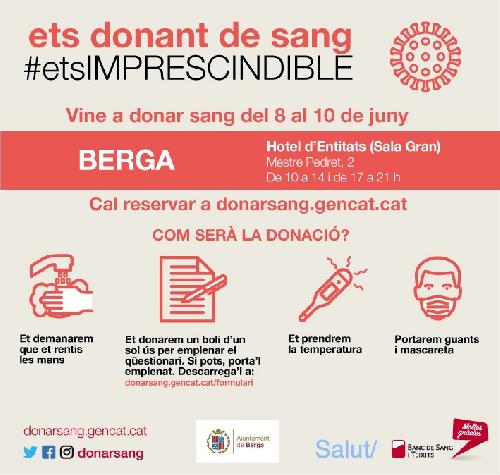 Berga acollirà tres jornades especials de donació de sang, del 8 al 10 de juny, a l'Hotel d'Entitats